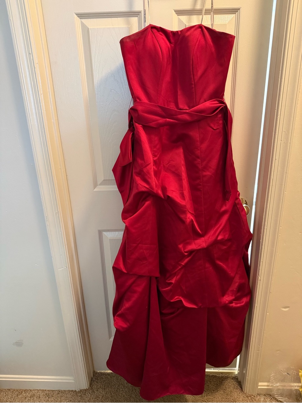 David's Bridal Strapless Red Satin Ball Gown